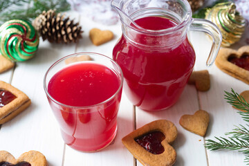 Healthy and delicious berry drink: cherry jelly in a glass and cherry compote in a glass on a white table. close-up