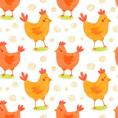 Orange and yellow hens seamless pattern on white. Hand drawn with color pencils chicks, grass, scribbles repeat print. Cartoon domestic birds, chickens design.