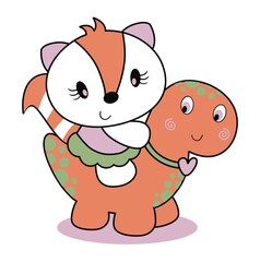kitten riding a toy dinosaur