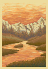 Mountains and River in the Valley at Sunset. Vector Landscape Illustration.