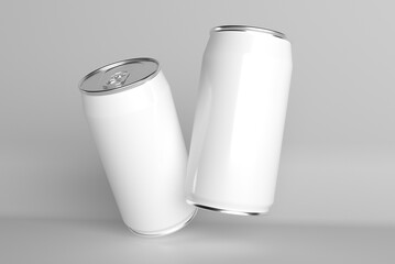 3d render mockup flying empty white tins for wine, beer, soft drinks