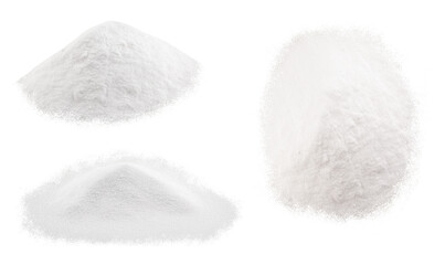 Soda, flour, salt or sugar are poured in heaps. Three different heaps of white powder isolated on a white background.