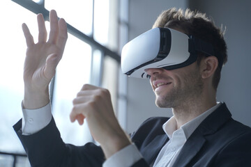 Europian man office employee wears formal suit and VRheadset excited of experiencing virtual reality