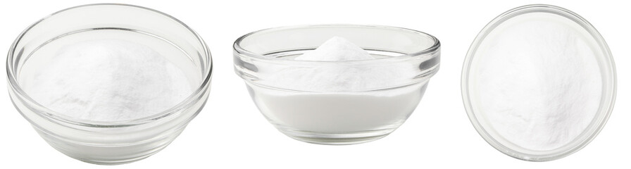 Soda in a glass bowl. Soda, flour, salt or sugar in a glass container. Three different angles of a plate with soda, flour, salt or sugar on a white background.