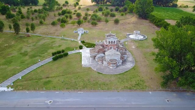 Aerial view of Ancient Mantineia ruins in Arcadia region in Greece