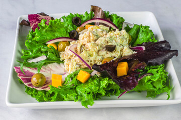 salad plate top with  ham salad  and  mixed greens
