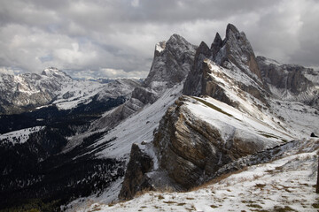 The Dolomites, Italy, Seceda - Mountain covered in snow in winter