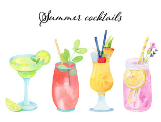 Watercolor Set of beverages and cocktails on a white