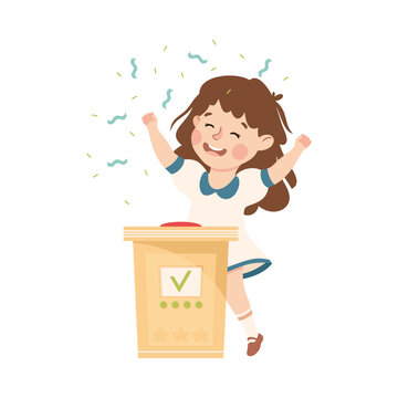 Little Girl Winning Quiz Game or Mind Sport Standing at Press Button and Cheering Vector Illustration