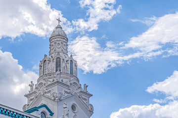 The bell tower of a medieval church in the old town of Quito, the capital of Ecuador