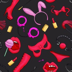role playing accessories - handcuffs, whips, panties, female stuff, bdsm, sex shop, vector seamless pattern, freehand drawing with black outline