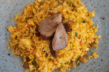 Chinese duck with fried rice served on a plate, top view