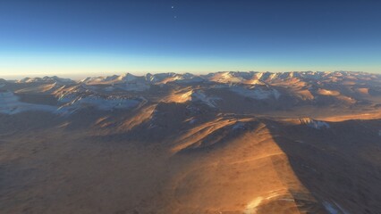 Mars like red planet, with arid landscape, rocky hills and mountains, for space exploration and science fiction backgrounds.