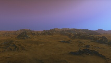 Mars like red planet, with arid landscape, rocky hills and mountains, for space exploration and science fiction backgrounds.