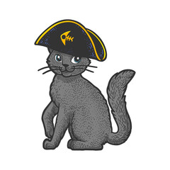 Pirate cat cartoon character color sketch engraving vector illustration. T-shirt apparel print design. Scratch board imitation. Black and white hand drawn image.