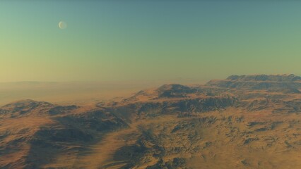 Mars like red planet, with arid landscape, rocky hills and mountains, for space exploration and science fiction backgrounds.