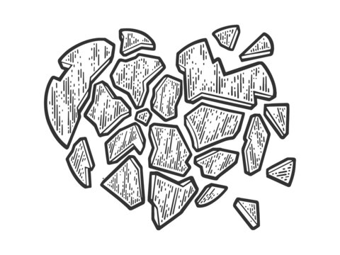 Broken heart shattered into pieces sketch engraving vector illustration. T-shirt apparel print design. Scratch board imitation. Black and white hand drawn image.