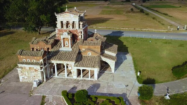 Aerial view of Ancient Mantineia ruins in Arcadia region in Greece