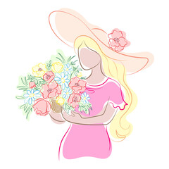 Girl with a bouquet of flowers in a summer hat and dress in light colors isolated on a white background