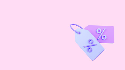 3d price tags with percent discount inscription isolated on blush pink background. Discount coupon. Concept of online sale. 3d rendering illustration of promo tag coupon, sale voucher