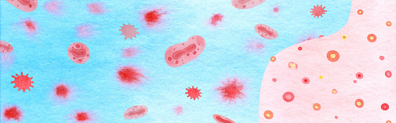 
blue banner with monkeypox virus cells and sick human body with red bumps on skin on blue background. Medicine, pandemic and virology