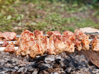 Cooking meat skewers on an open fire. Summer vacation outside the city.