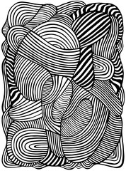 Tabby psychedelic coloring page. Fantastic art with decorative striped texture. Surreal doodle pattern. Black and white abstract pattern, maze wave of ornaments.