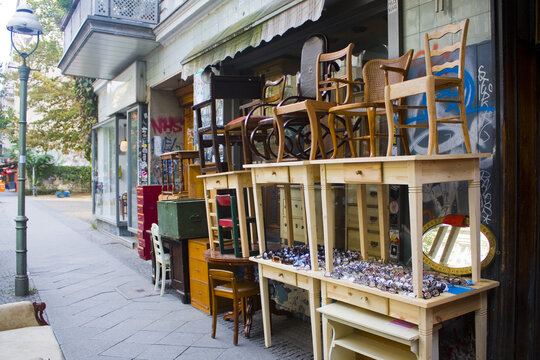 Vintage furniture and antiques in second hand store in Kreuzberg district in Berlin