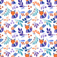 Seamless stylized pattern: fox and hare with ornaments, flowers and twigs with leaves. Cute forest characters. Flat cartoon style, vector illustration isolated on white background. Ethnic style