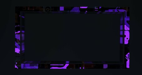 Digital techno frame with distortion. Dark purple rectangular panel with 3d render electronic edging and connectors. Cyber engineering and user interface elements
