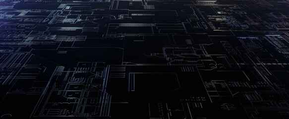 Dark electronic circuit lines with light. Digital drawing of motherboard and chips from 3d render with wiring connections. Futuristic technical textures with processor connection strips