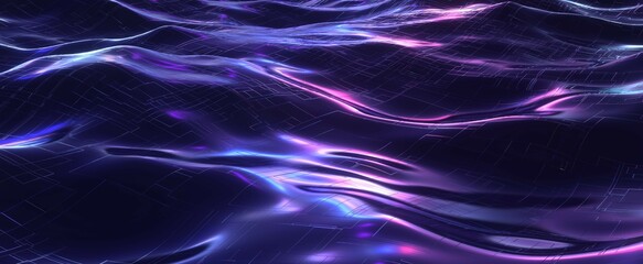 Neon cyber waves with flares. Electronic purple circuit lines and board 3d render on ocean dark water. Glow shimmer with reflections of synthwave electro effects