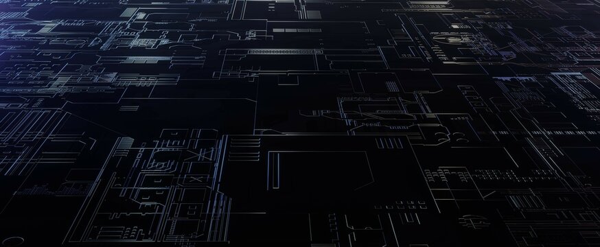 Dark Electronic Circuit Lines With Light. Digital Drawing Of Motherboard And Chips From 3d Render With Wiring Connections. Futuristic Technical Textures With Processor Connection Strips