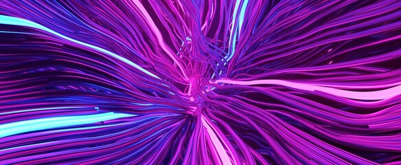 Glowing abstract knot made of neon cables. Intertwining stream of purple 3d render blue wires twisted into network. Futuristic digital communication lines with constant movement and overload