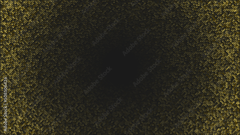 Poster abstract gold halftone circles luxury pattern consists of different dots isolated on dark background