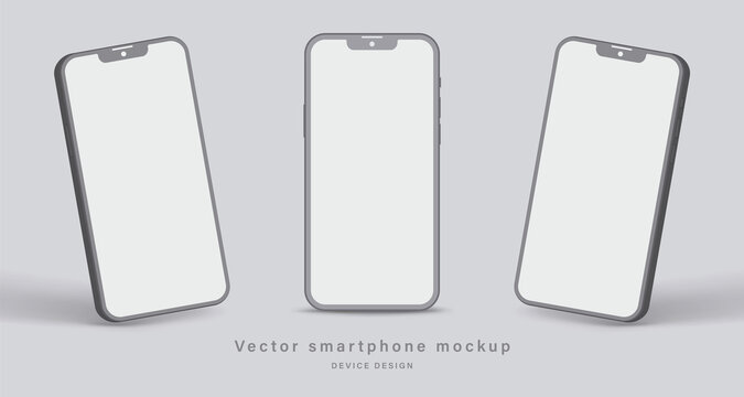 smartphone clay mockup with blank screen in different angles view isolated on grey background. minimalist mobile phone with shadow for application design presentation. vector 3d isometric illustration