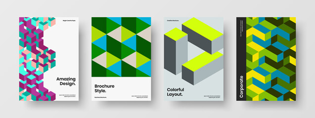 Bright corporate brochure A4 design vector concept set. Vivid geometric pattern booklet layout collection.