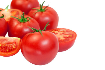 ripe tomatoes on a white background. the concept of cooking tomato sauce. red vegetables on a light texture. juicy pink tomatoes on the table