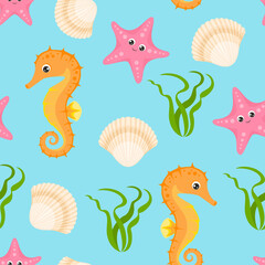 Cartoon undersea background. Seamless pattern with cute funny starfish, seahorse, green seaweed and sea shell on blue. Vector flat illustration. 