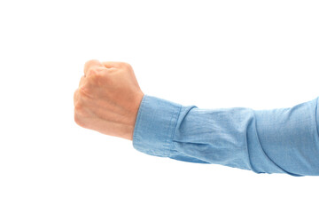 Human hand isolated on white background. Male fist close up