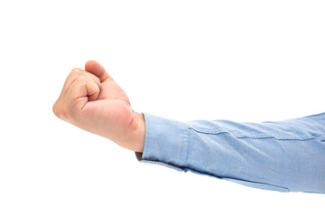 Male clenched fist isolated on white background. Hand of a man in a blue shirt close-up