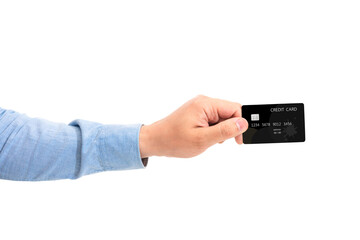 Male hand holding bank card isolated on white background