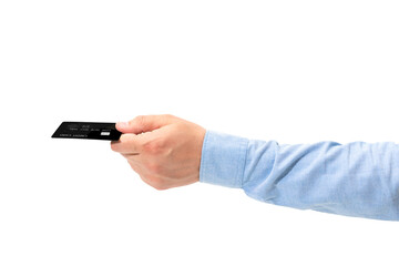 Male hand holding a black credit card isolated on a white background