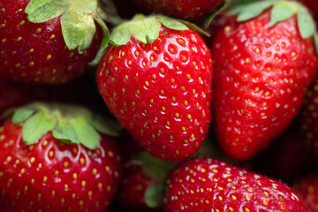 Background of freshly picked strawberries close-up. Fruit background, Fresh organic berries