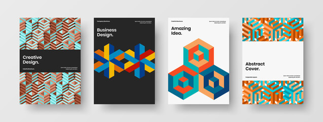 Multicolored brochure design vector concept set. Creative mosaic hexagons placard template bundle.