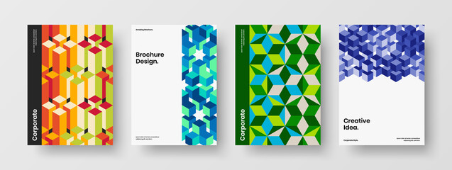 Creative mosaic hexagons placard illustration bundle. Original corporate brochure A4 design vector layout set.