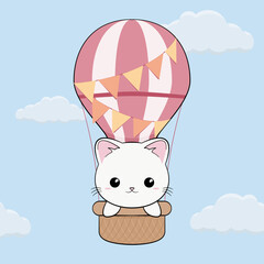 Mały uroczy biały kotek w powietrznym balonie. Ręcznie rysowana ilustracja. Słodki zabawny zwierzak. - obrazy, fototapety, plakaty