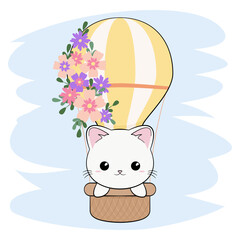 Mały uroczy biały kotek w powietrznym balonie. Ręcznie rysowana ilustracja. Słodki zabawny zwierzak.