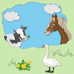 Images with animals: a horse, a swan and a cow