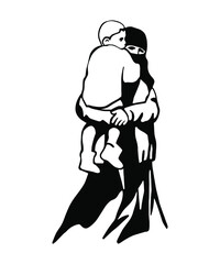 Muslim woman in abaya and child. Hand drawn mother with little son. Sketching isolated illustration.